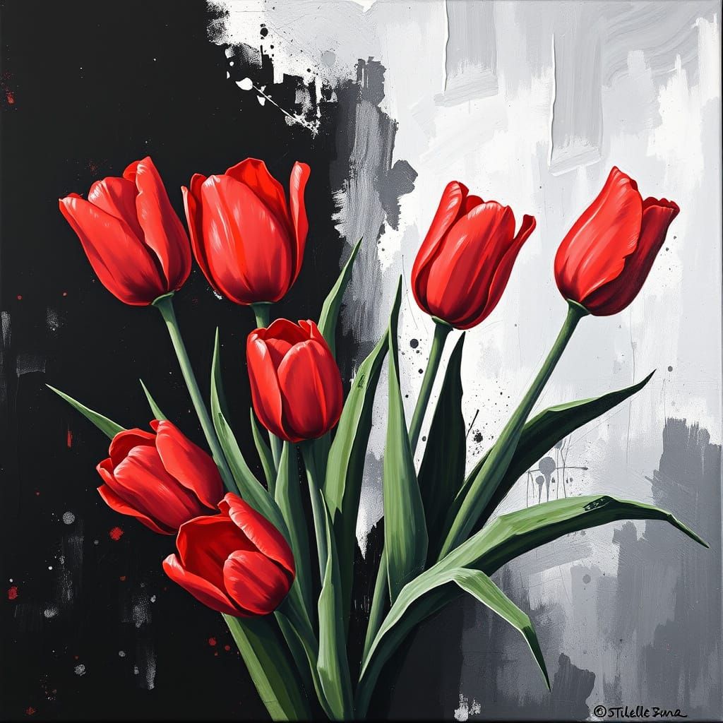 Vibrant Red Tulips in Abstract Expressionist Style