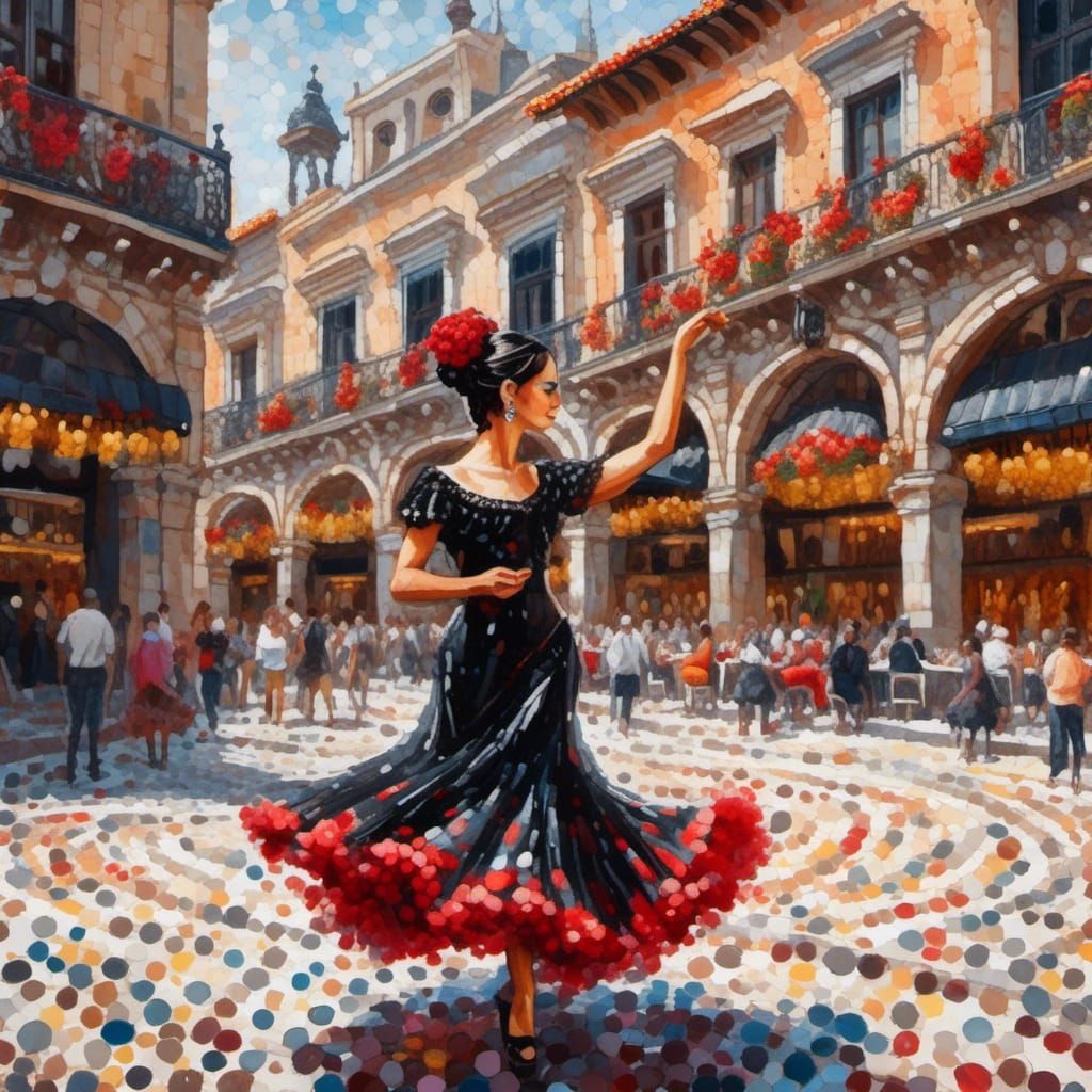 Flamenco Dancer in Plaza, Gouache Impressionist Style