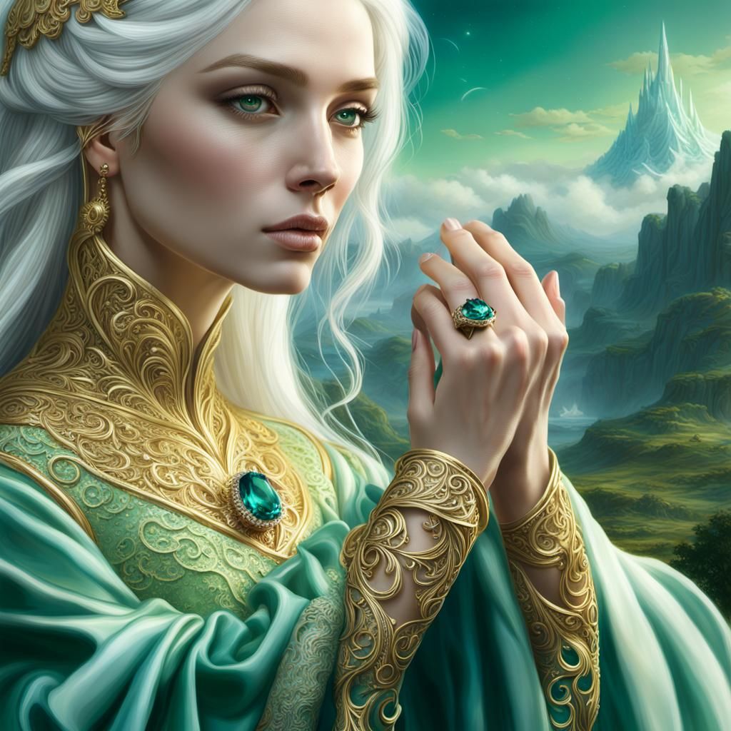 Woman Admiring Ring in Fantasy Landscape