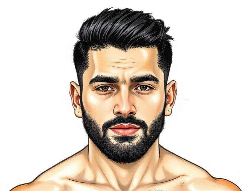 Handsome Iranian Male Portrait in Sharp Line Drawing Style