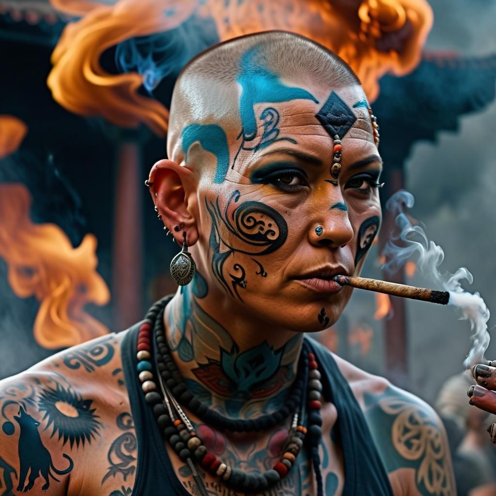 Mystical Shaman with Buffalo and Wolf, Fantasy Art