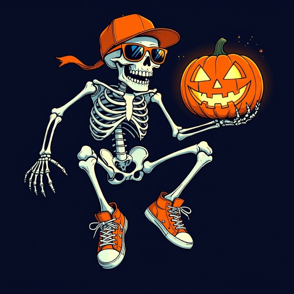 Skeleton Jumps Mid-Air With Evil Pumpkin