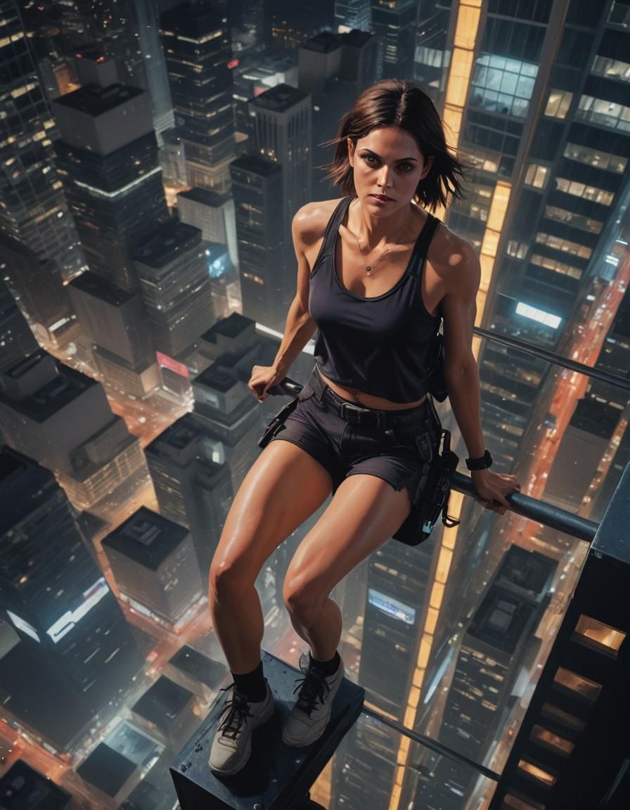 Woman Climbs Skyscraper at Night in Synthwave Style