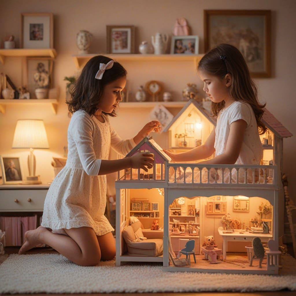 Girls Play with Dollhouse in Cozy Pastel Room