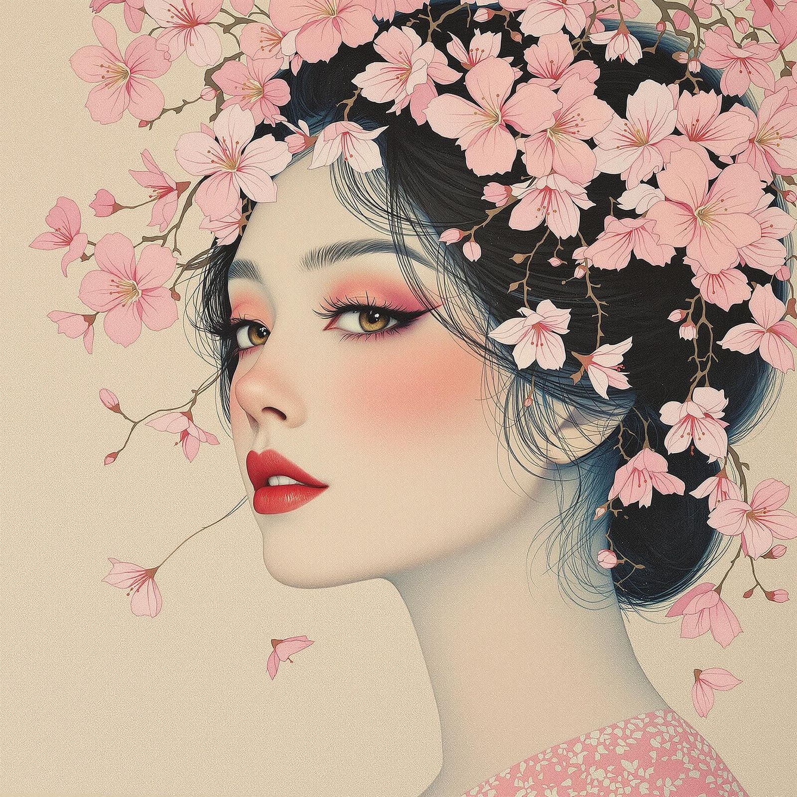 Cherry Blossom Portrait in Japanese Woodblock Style