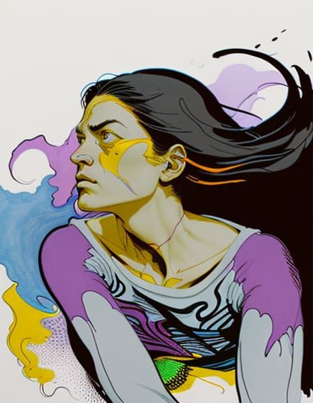 Ethereal Woman Searches Crowd in Dreamlike Comic Art