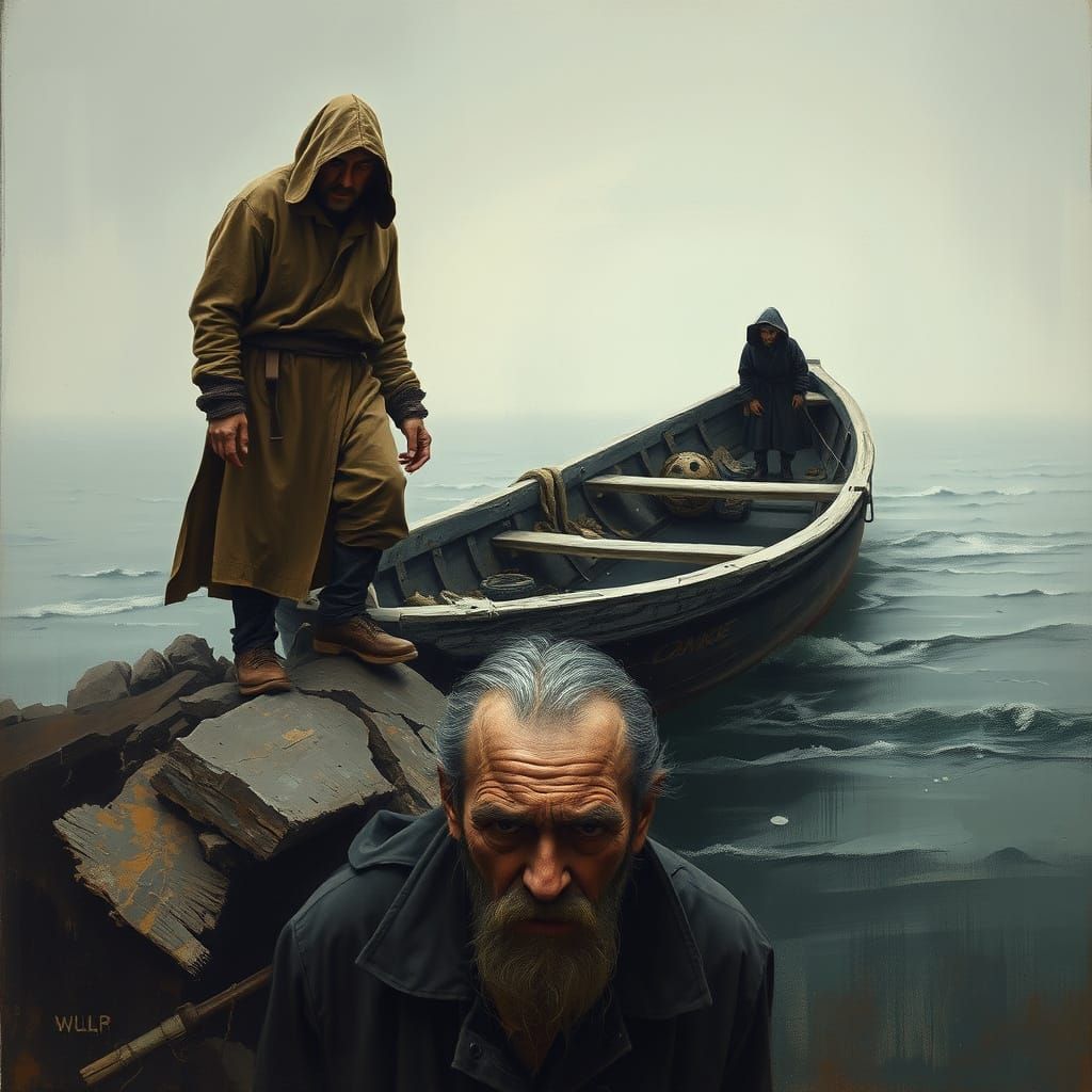 Haunting Boat Scene in Symbolic Surrealist Style