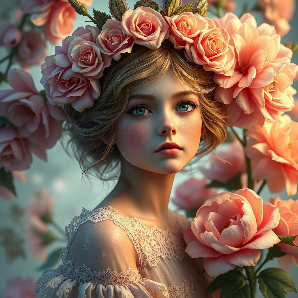 Ethereal Flower Girl in Art Nouveau Style