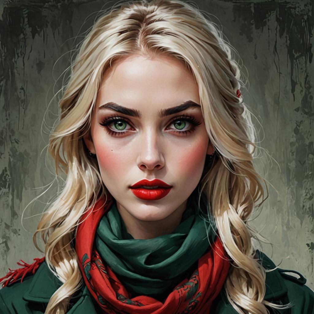 Blonde Girl with Green Eyes and Red Scarf