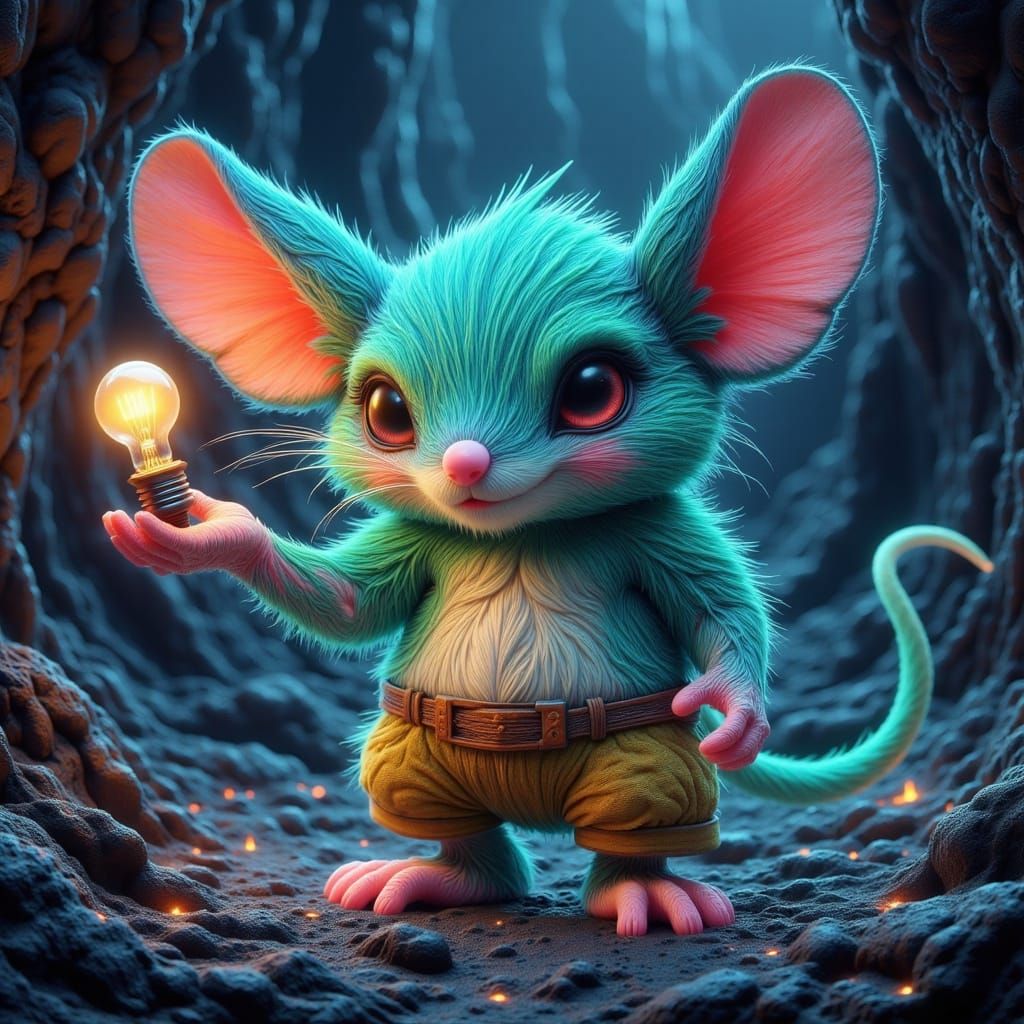 Aqua Chibi Mouse Holding Light Bulb in Dungeon