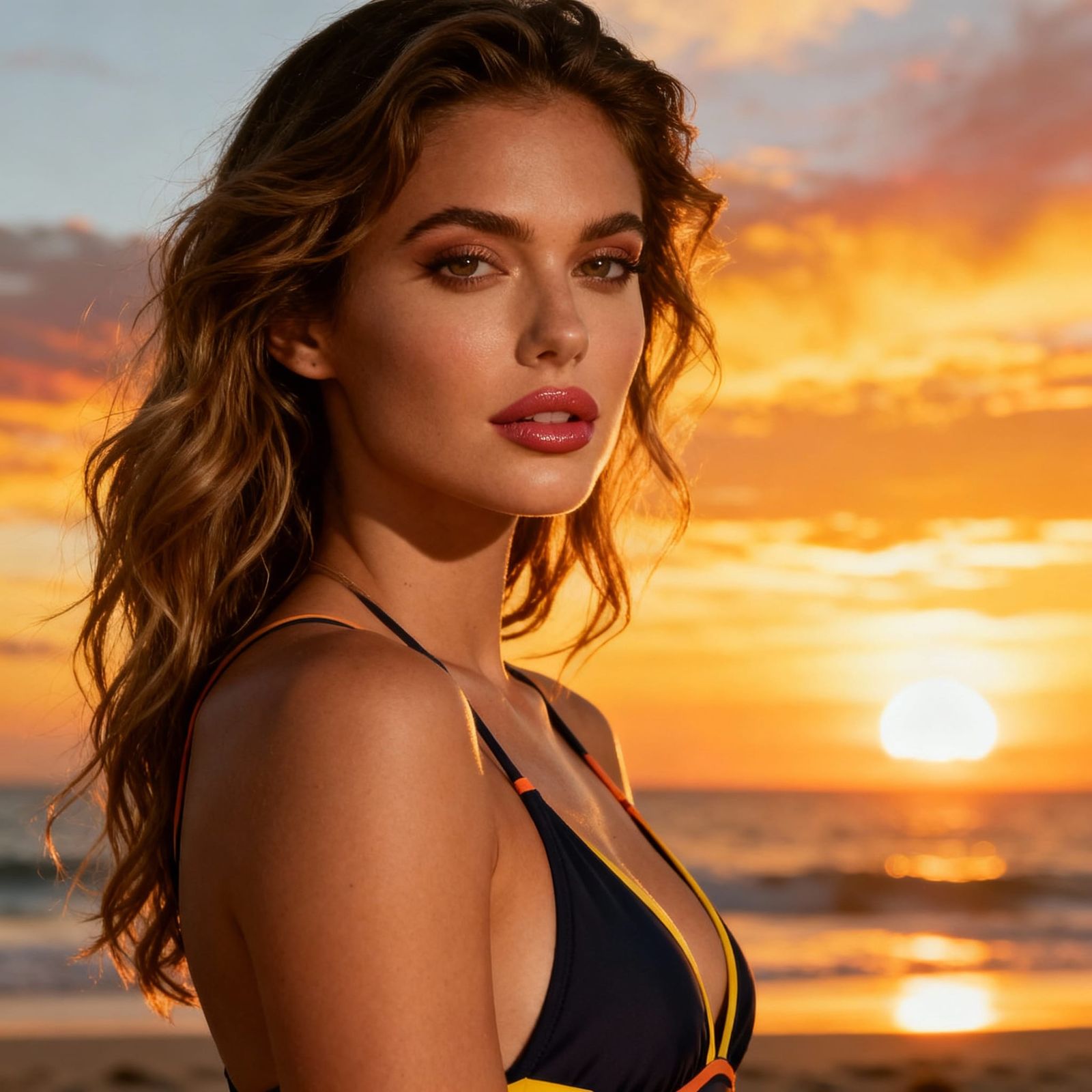 Glamorous Model on Beach at Sunset, Realistic Photography