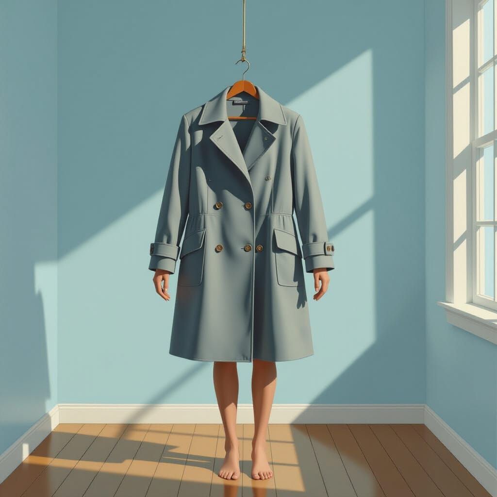 Magritte-Style Surrealist Room with Floating Raincoat and Li...