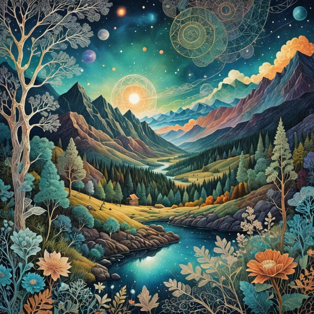 Bobbin Lace Landscape in Astral Cosmic Style