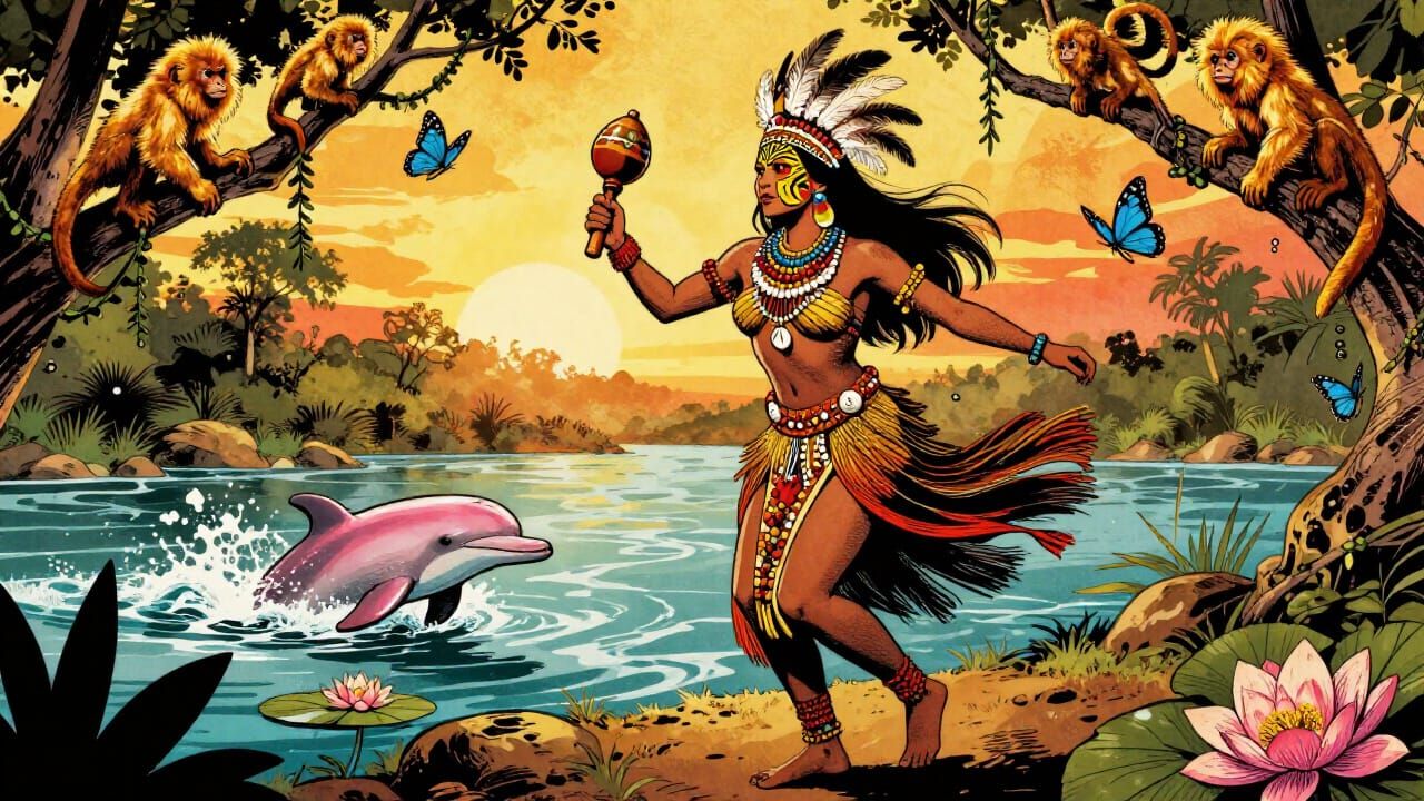 Amazon Woman Dances with Pink Dolphin in Comic Style