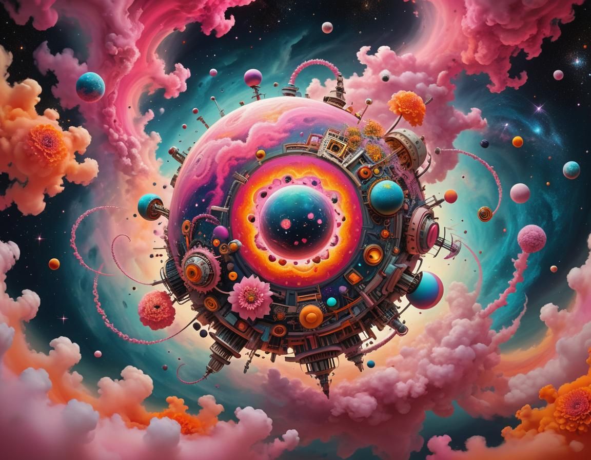 Dreamlike Planet with Flowers and Machinery