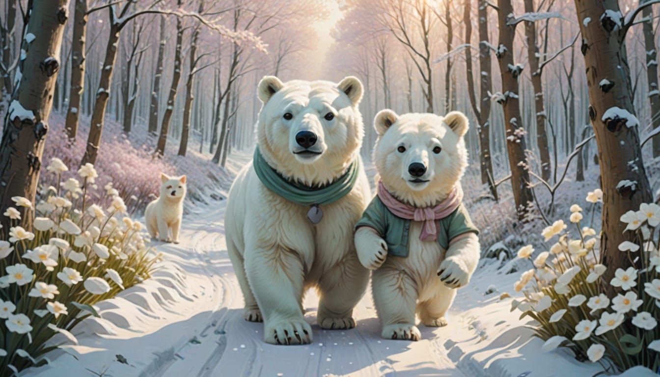 Whimsical Polar Bear Ride in Enchanted Spring Forest