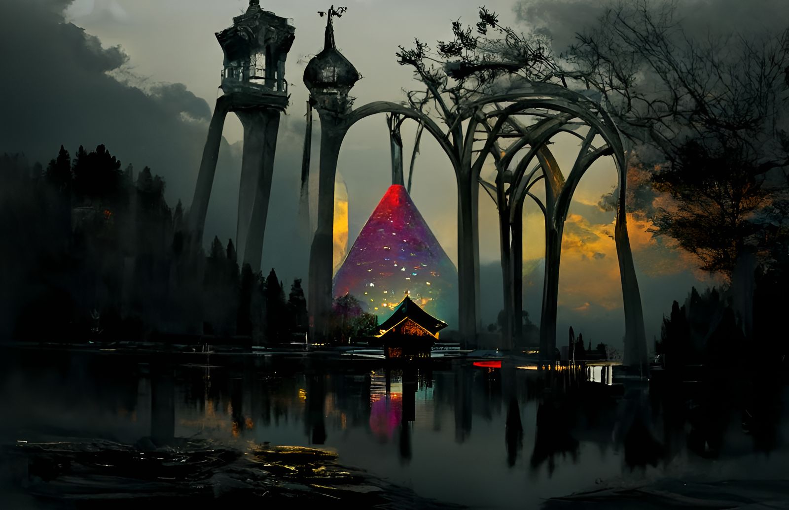 Magic Tower by Lake at Night: Postmodern Architecture