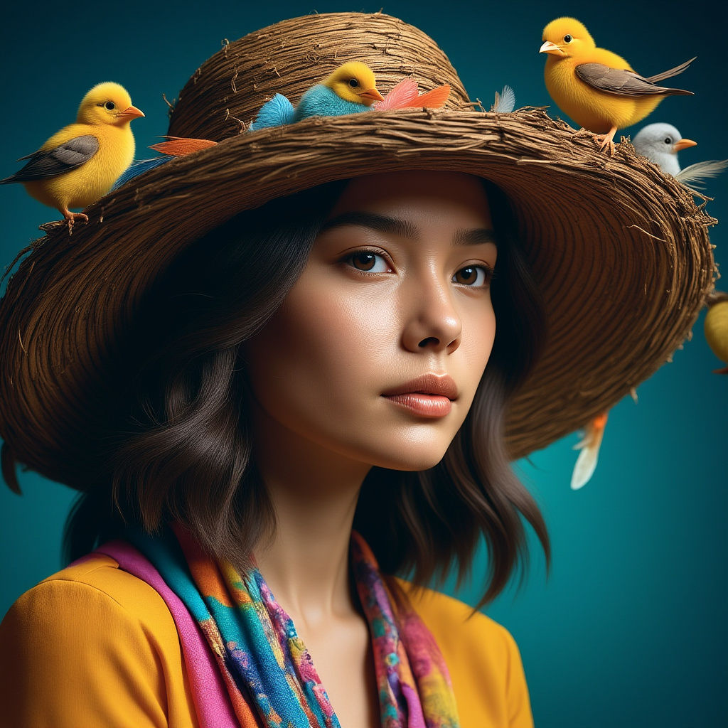Chic Panama Hat Crafted from Bird's Nest with Chicks