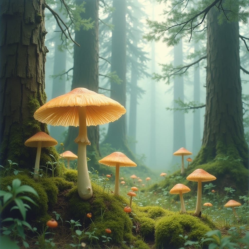 Ethereal Mushrooms in Misty Spruce Forest