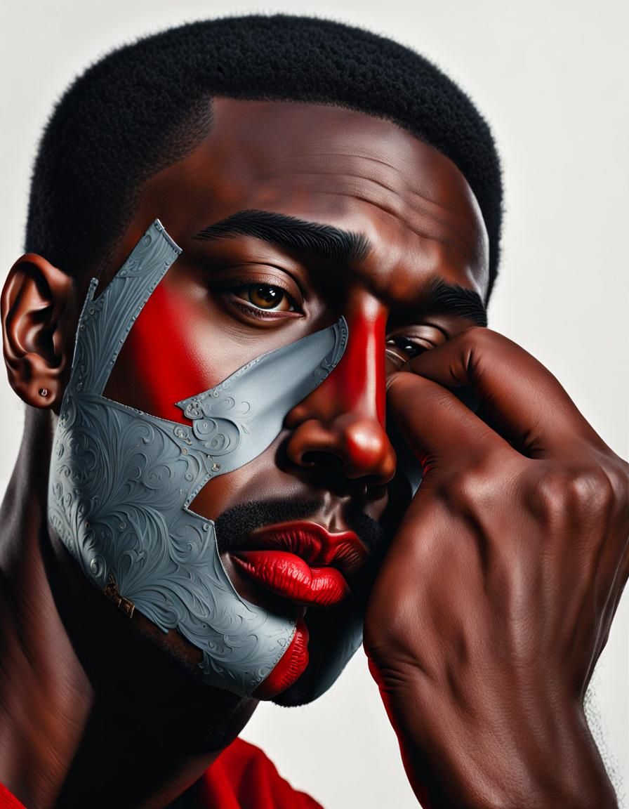 Portrait of a man realistic face covering the left side of his face with his hand realistic red full lips no lip on chee...