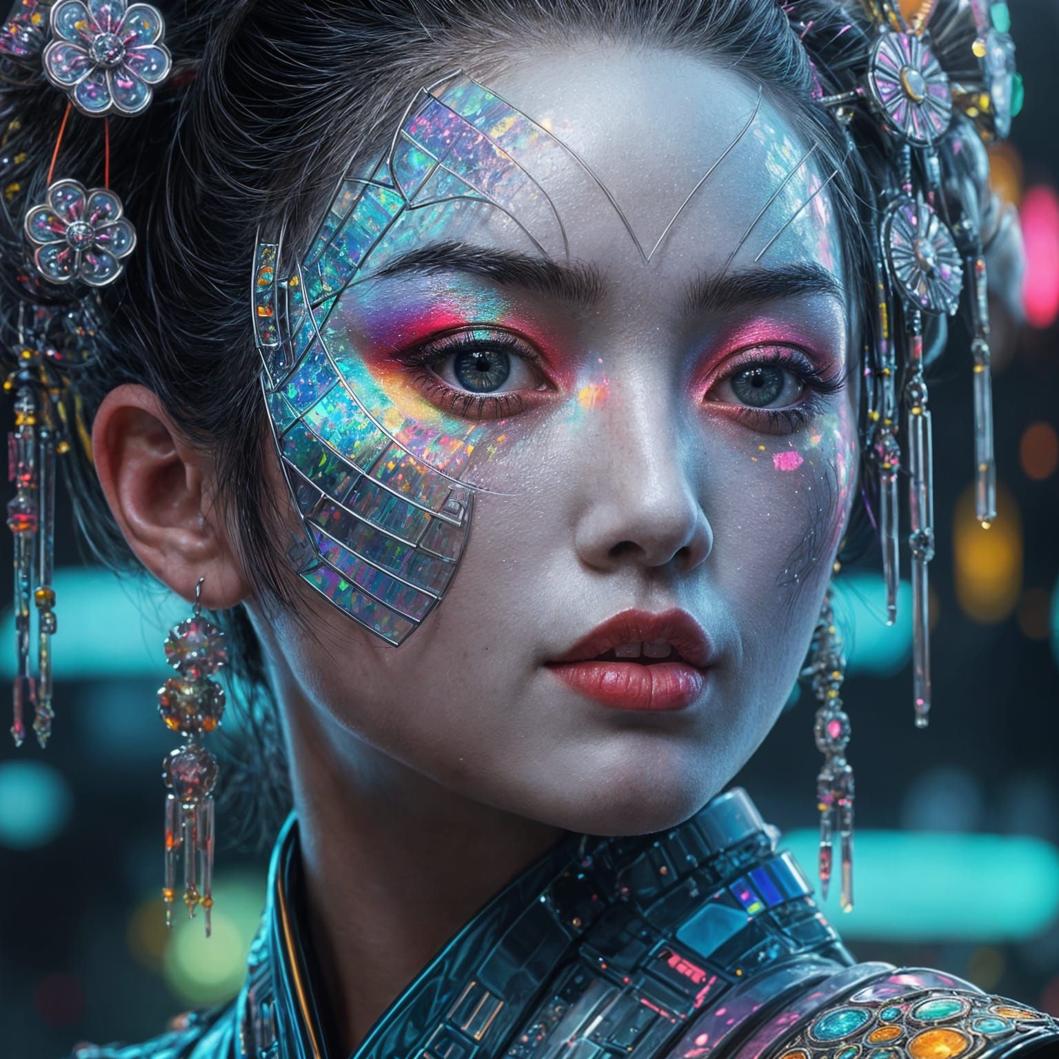 Cyberpunk Geisha Portrait with Iridescent Armor