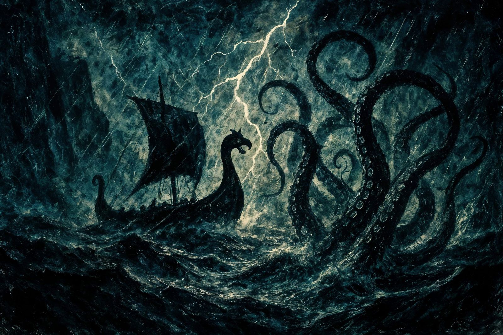 Kraken and Longship in Stormy Fjord: Textured Digital Art