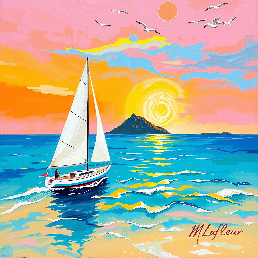 Sailboat at Sunset in Abstract Expressionist Style