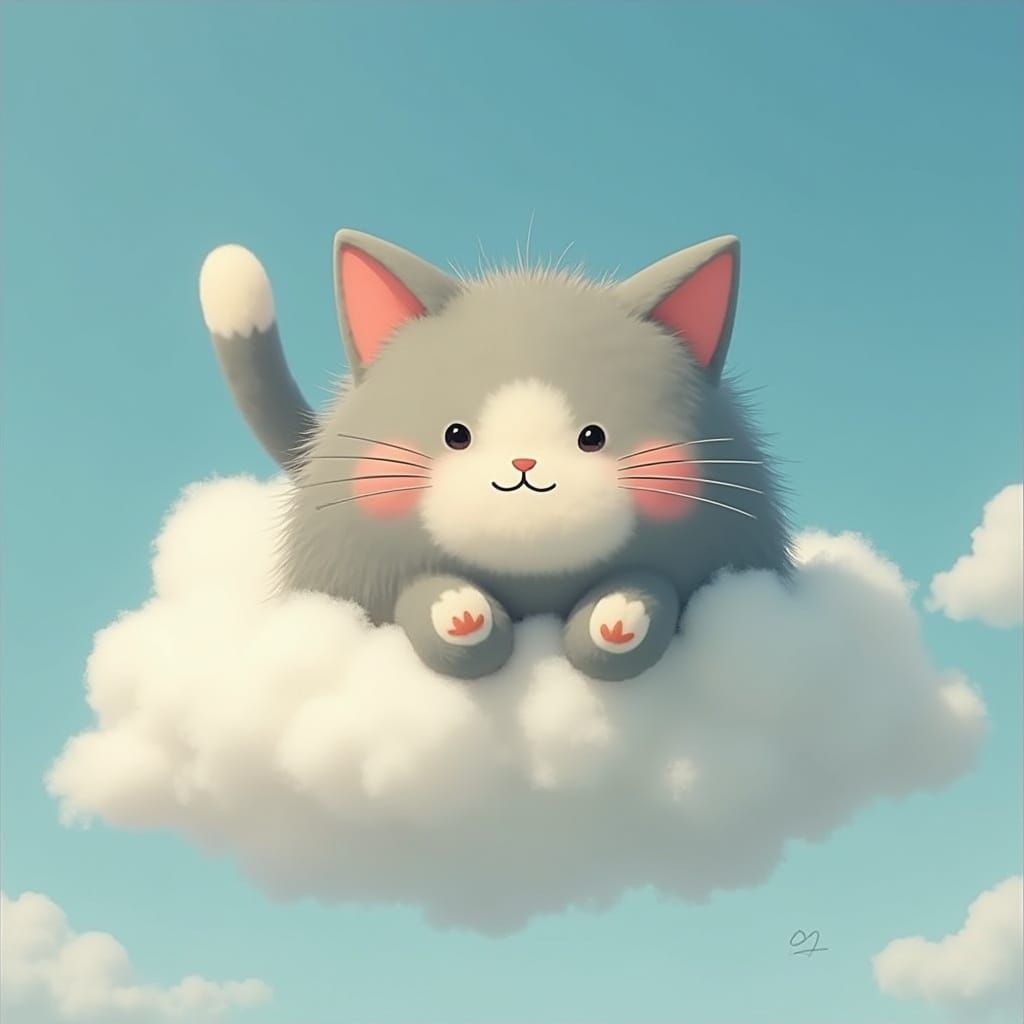 Fluffy Cat-Headed Cloud in Miyazaki Style