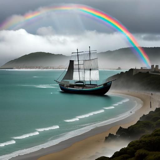 Rainbow Beach: 10th Century Sailing Boat in Mist