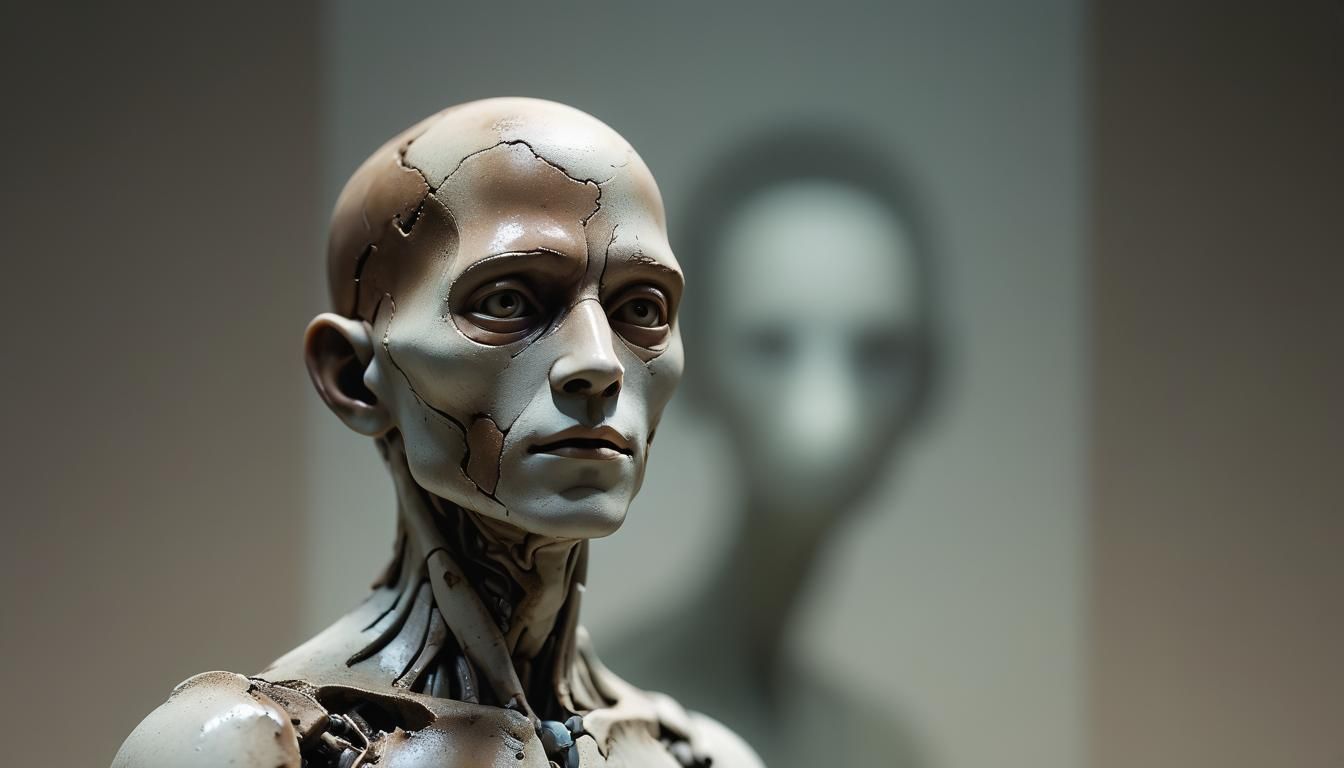 Eerie Humanoid Sculpture in Dimly Lit Space