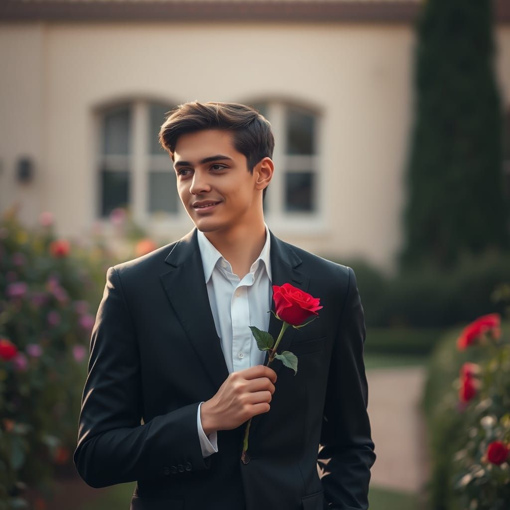 Man with Rose in Dreamy Garden Portrait