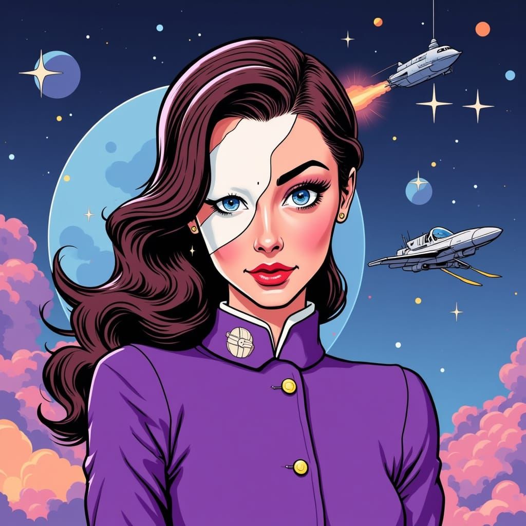 Brunette in Purple Uniform on Spaceship, Cartoon Style