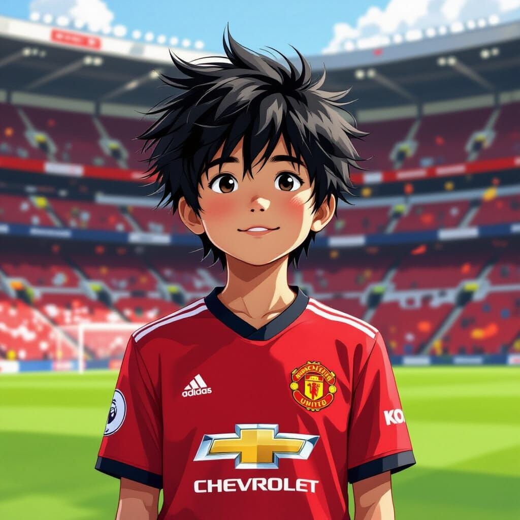 Boy in Manchester United Jersey, Vibrant Art Style