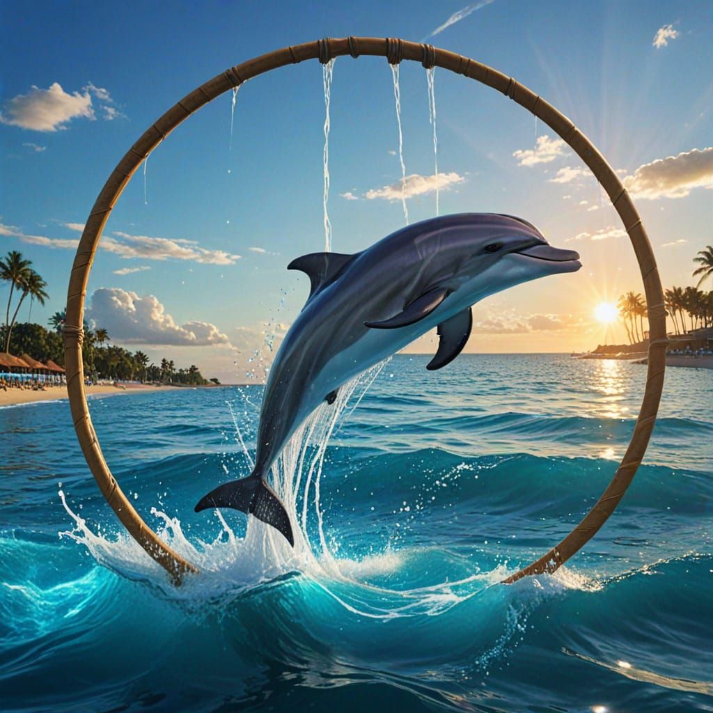Dolphin Leaping Through Hoop in Sun-Drenched Arena
