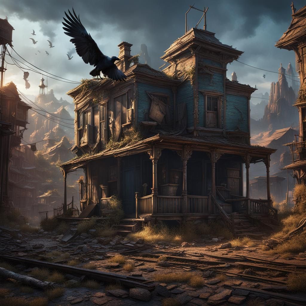 Blind Raven in Abandoned Town: Detailed Matte Painting