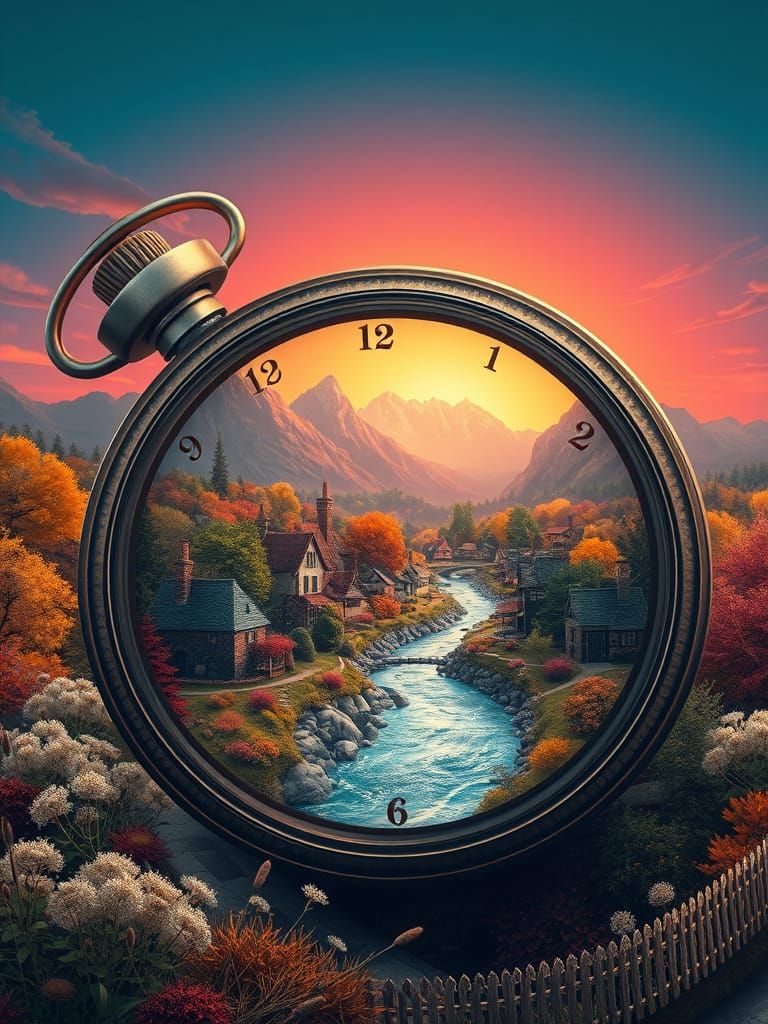 Village Inside Pocket Watch, 3D Digital Art