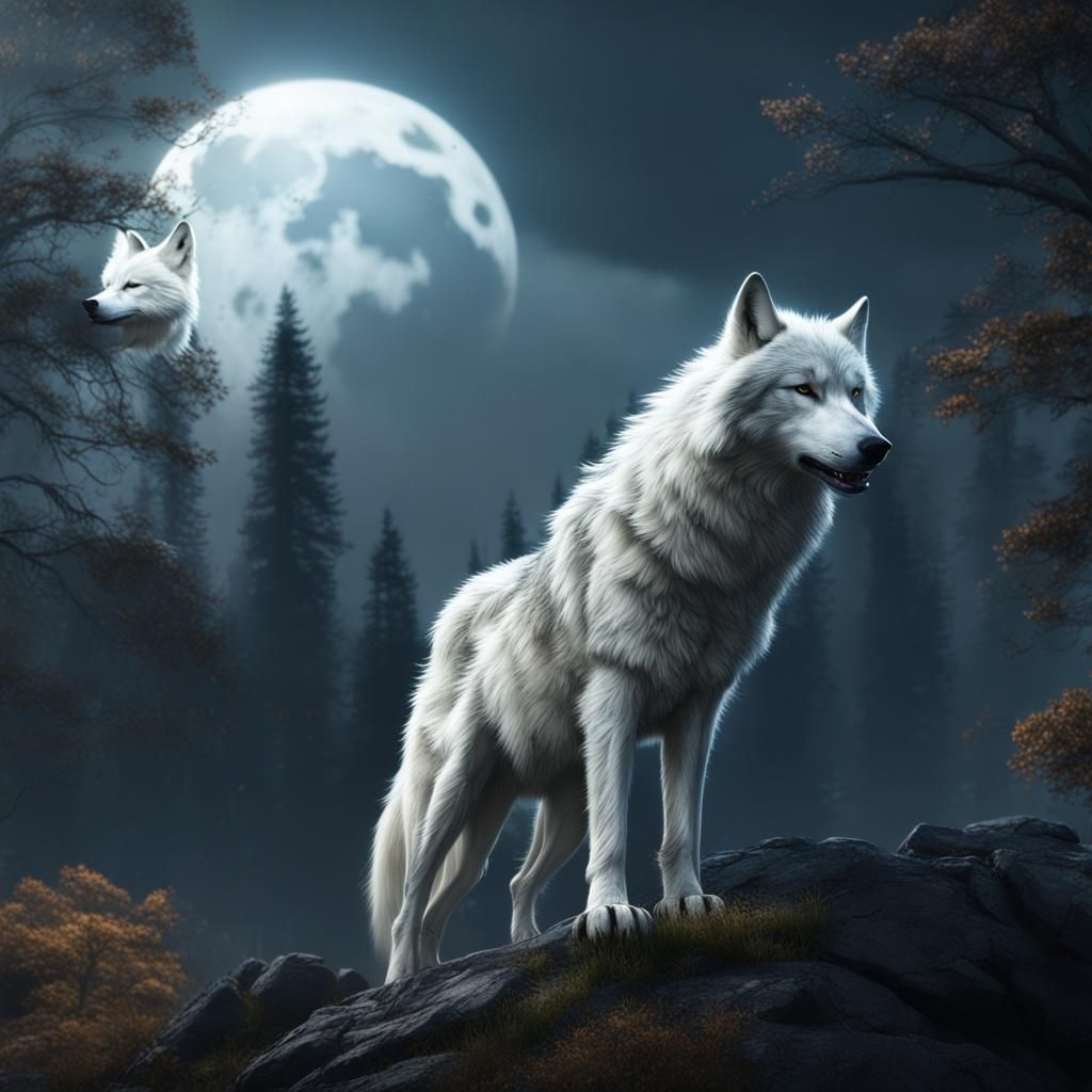 White Wolves in Stormy Moonlight Fantasy Landscape