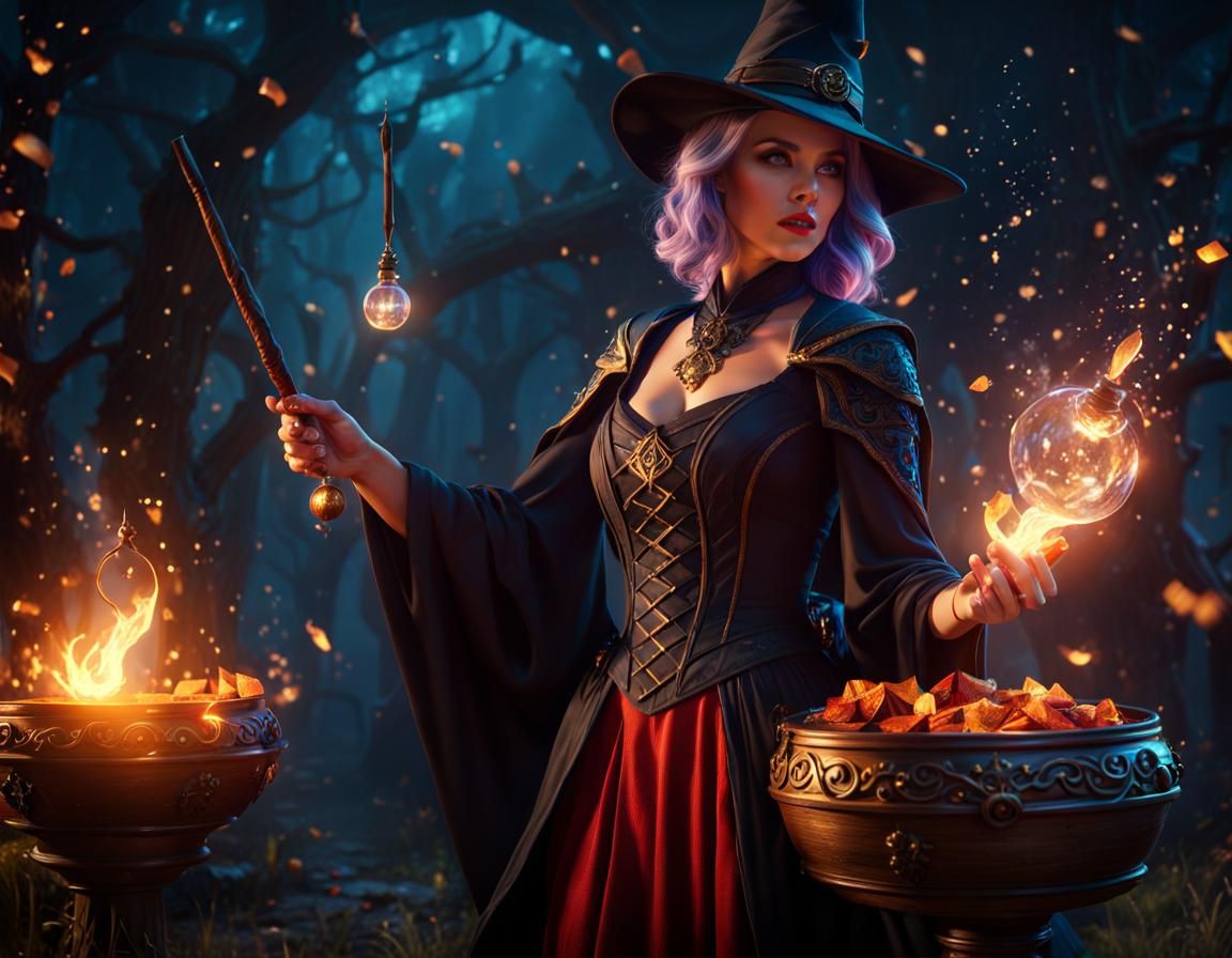 Beautiful witch casting a spell and creating the world.
