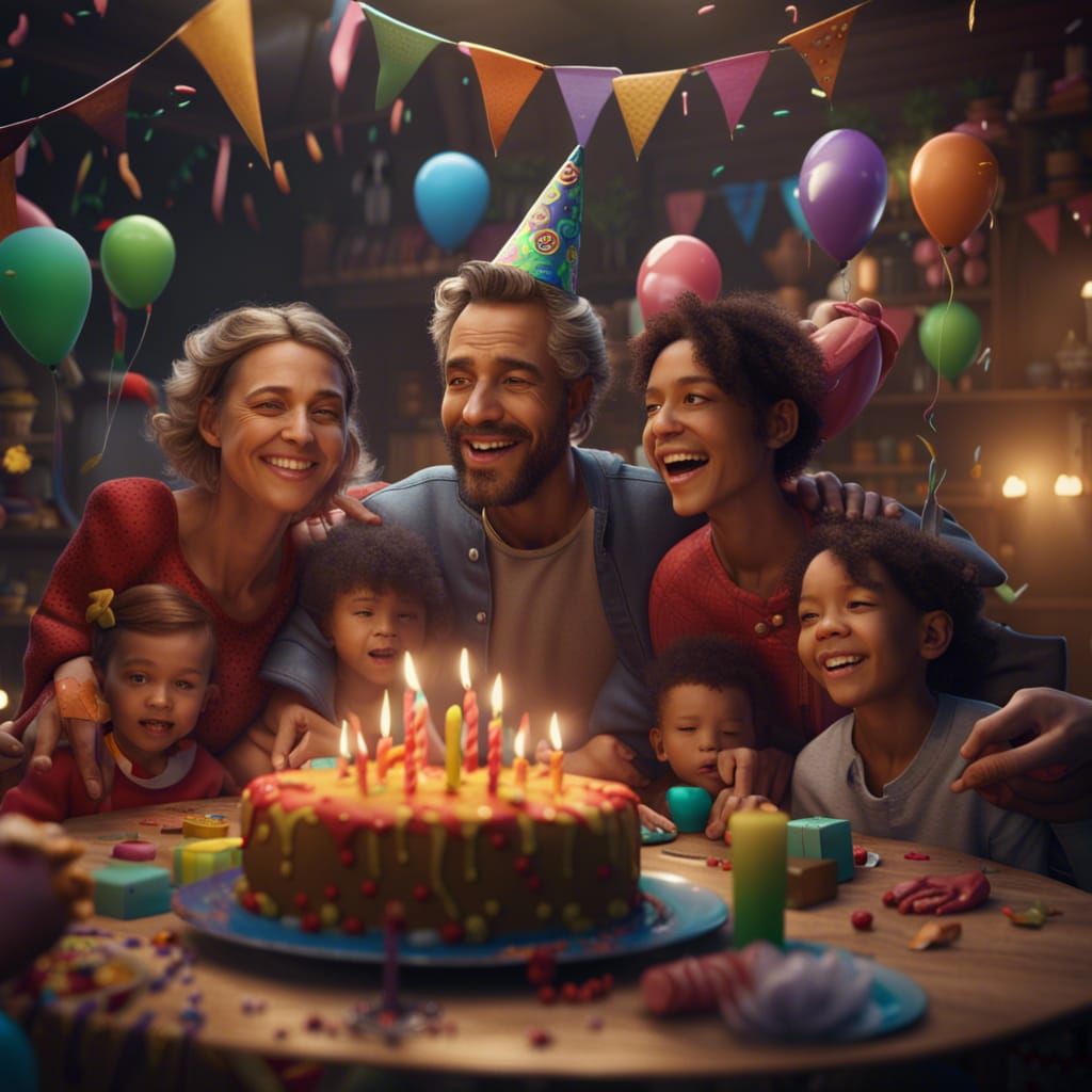 Happy Family Birthday Party in Detailed Digital Art