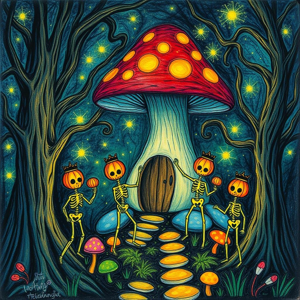 Fairy Mushroom House in Bioluminescent Forest: Crayon Drawin...