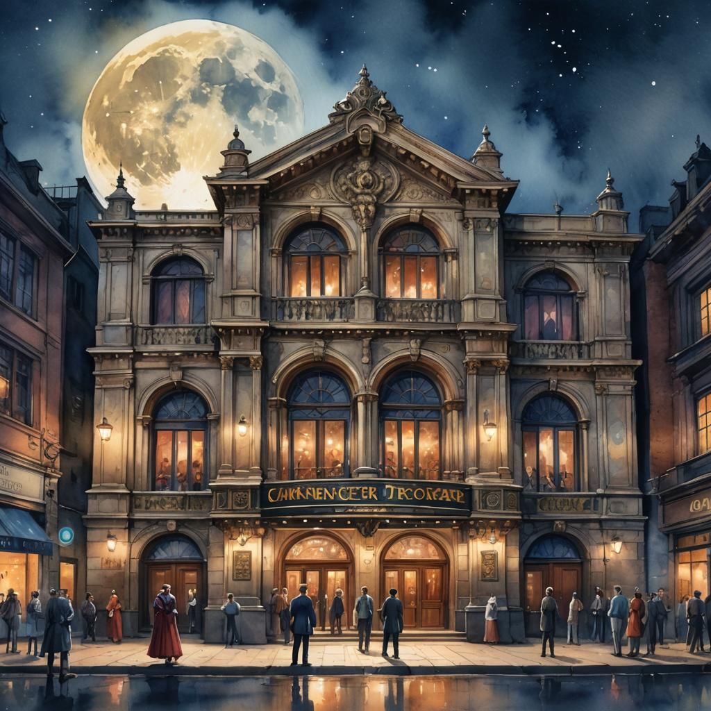 Watercolor Theater Building Under Moonlight