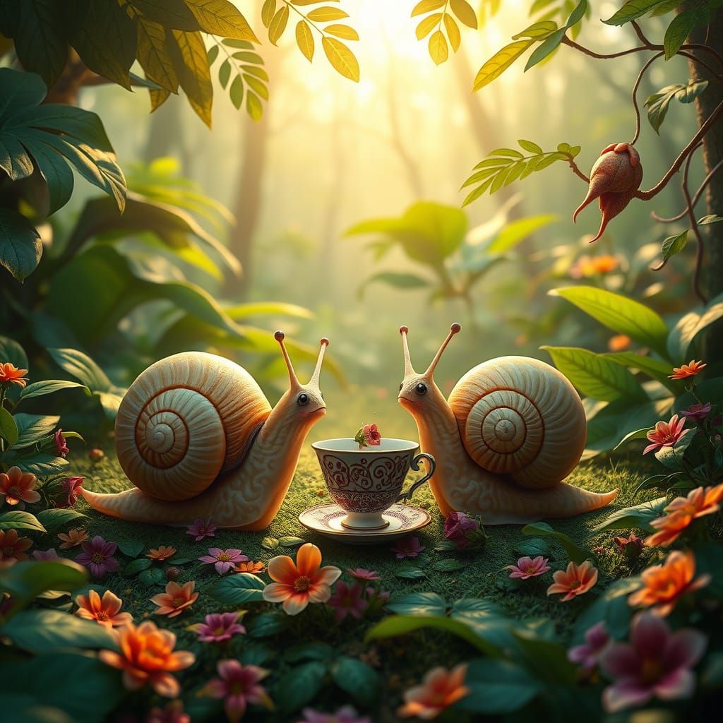 Snails in Whimsical Forest Tea Party
