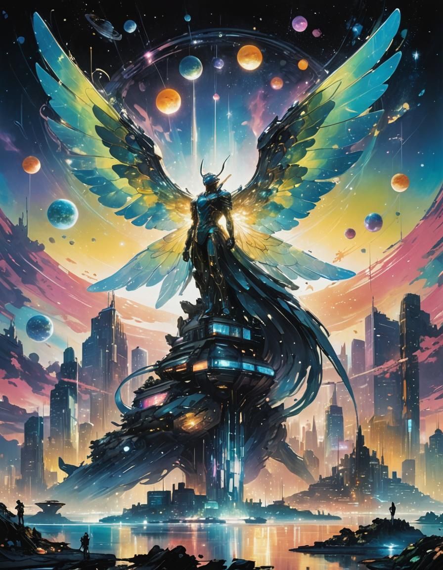 Winged Statue in Futuristic Interplanetary Metropolis