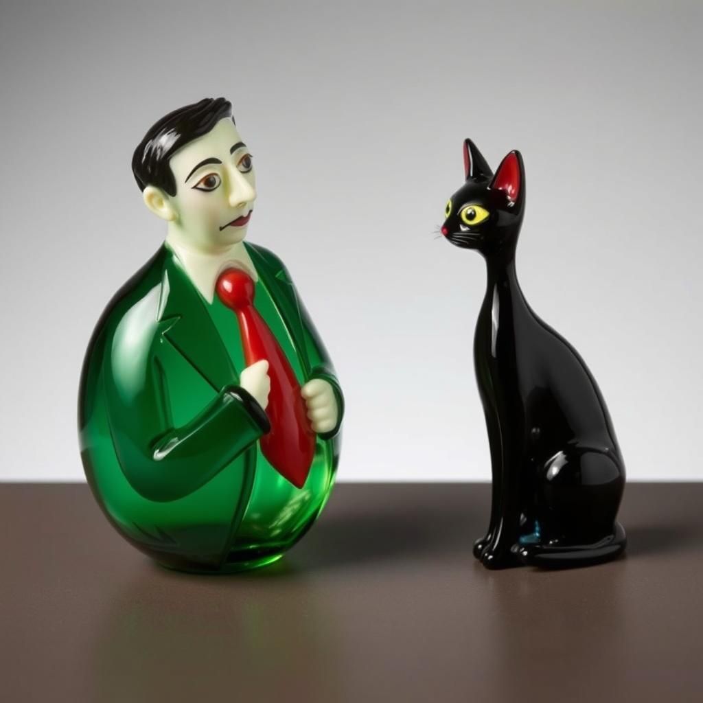 Philip Glass and Cat Figurine, Expressionist Style