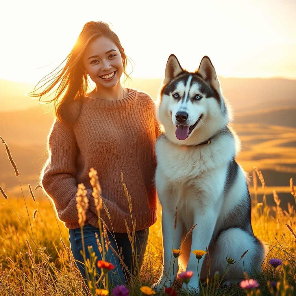 Woman and Husky in Golden Meadow, Dreamy Landscape