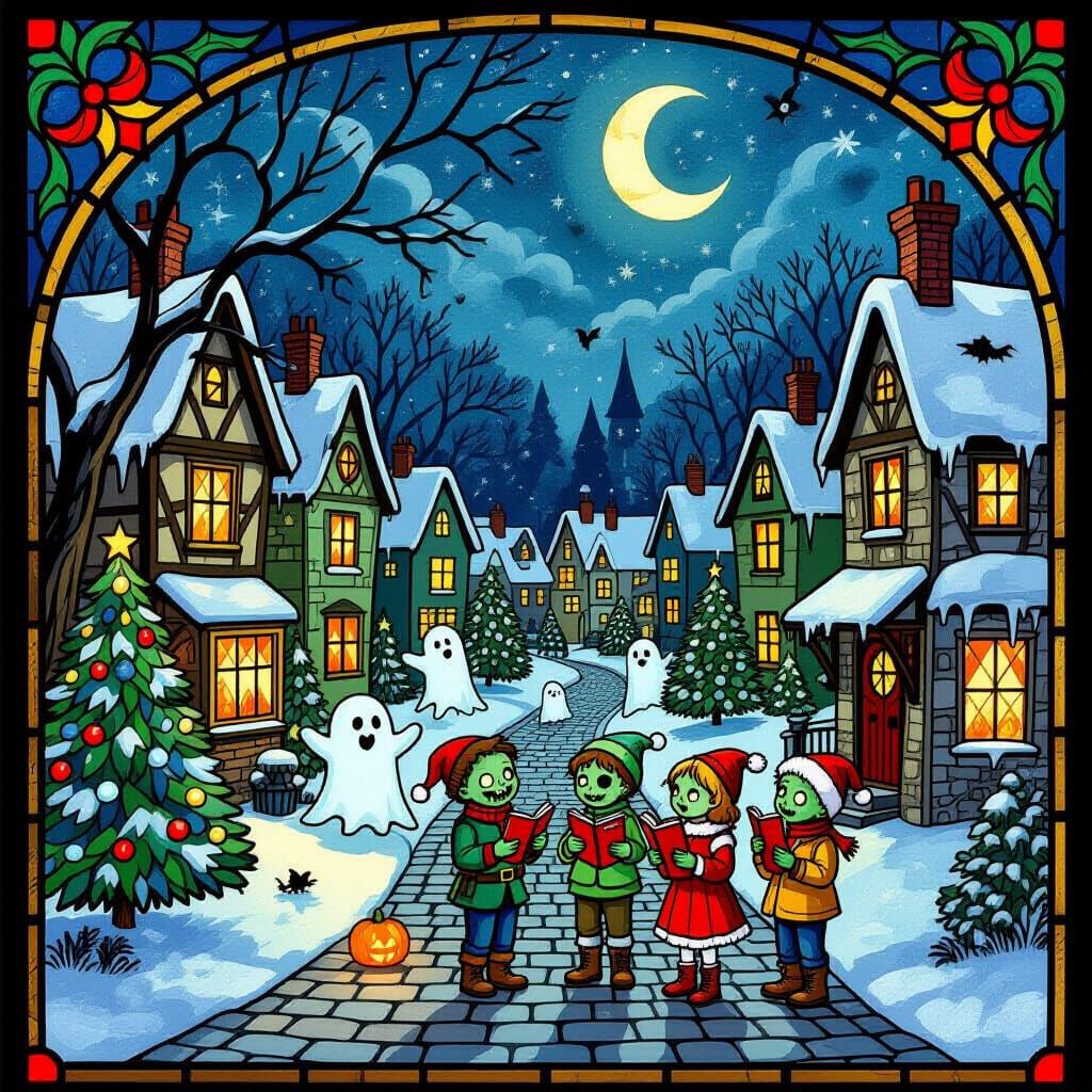 A stained glass whimsical scene of a village where there are...