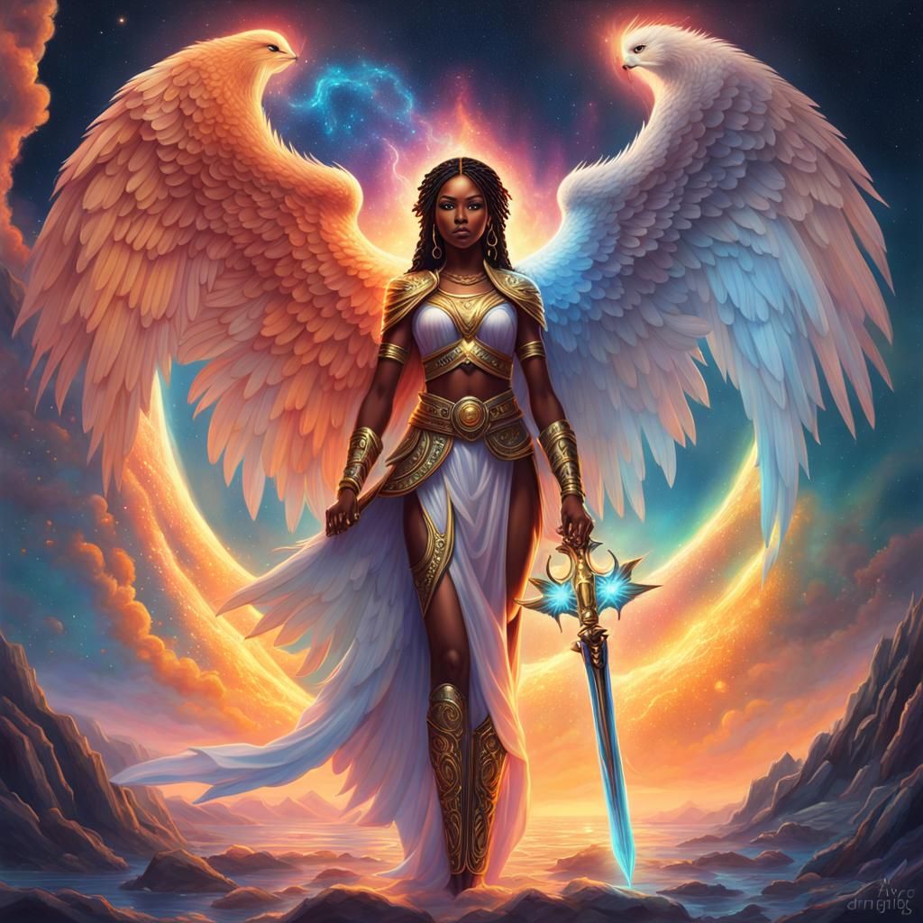 Astral Guardian: Black Female Angel with Flaming Sword