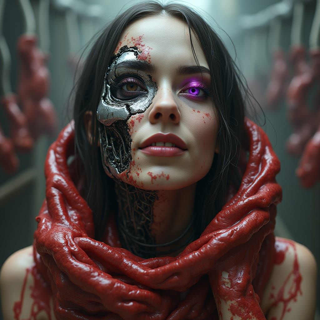 Biomechanical Cyborg Woman in Surreal Horror Style