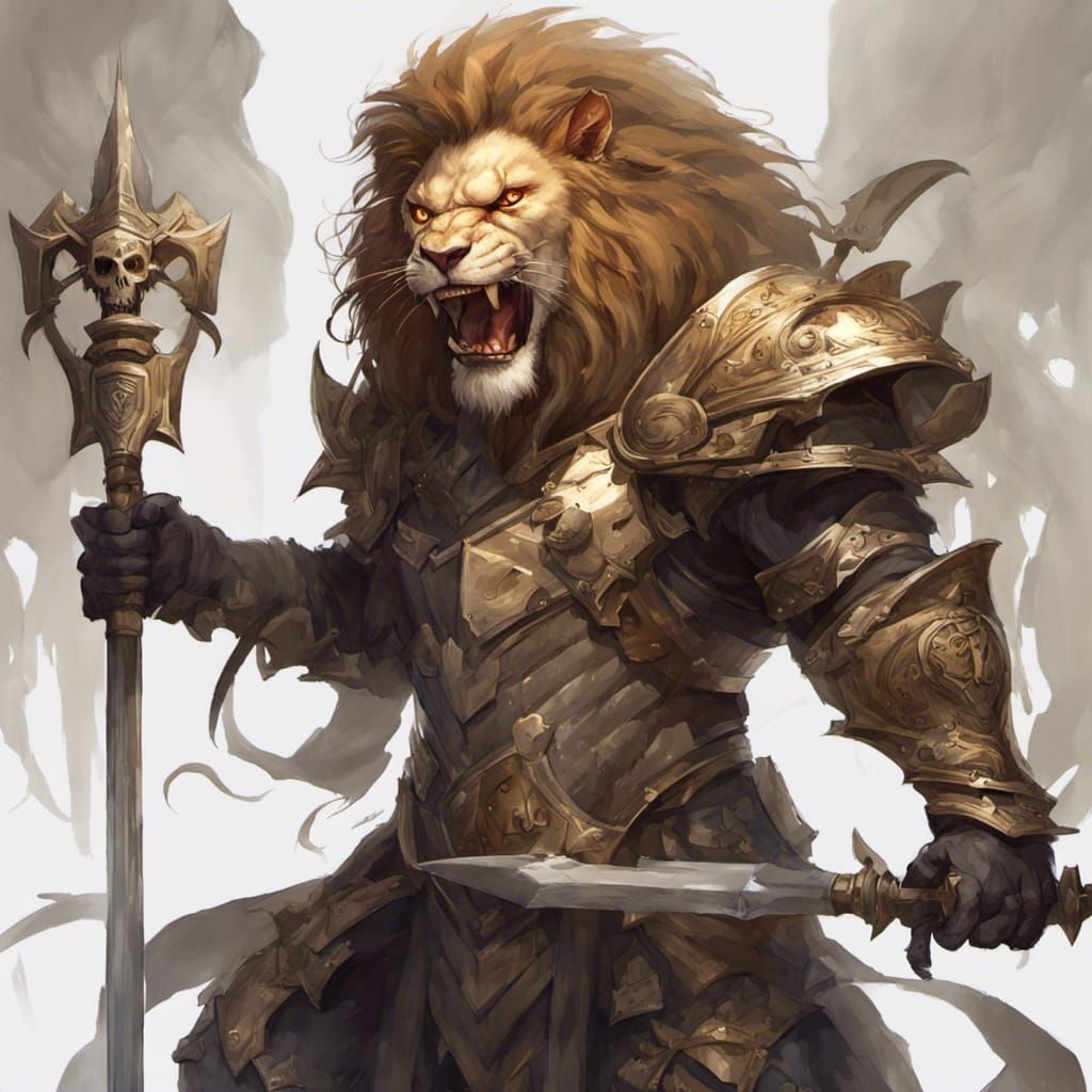 Lion Warrior Roaring at Goblin: Hyperdetailed Digital Art