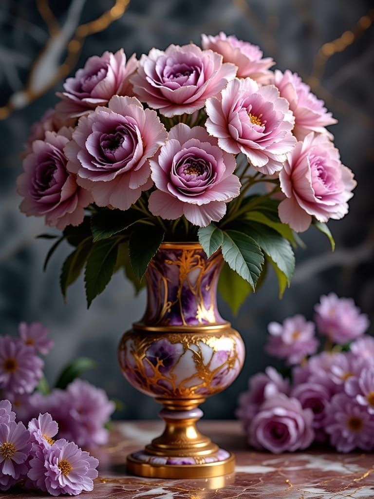 Lilac Blooms on Marble Table in Digital Matte Painting Style